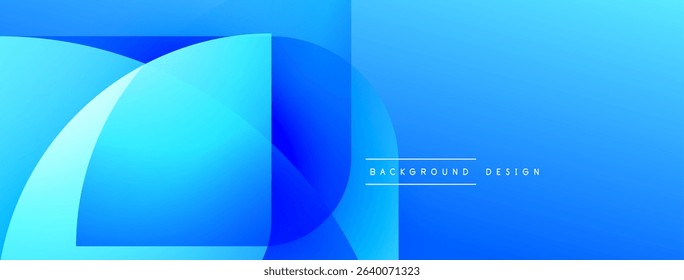 Abstract blue gradients create dynamic shapes. Modern design suggests movement, depth, clean aesthetic. Minimal text adds subtle branding.