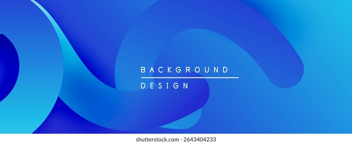 Abstract blue gradients create flowing shapes. Text reads background design, simple, modern aesthetic.