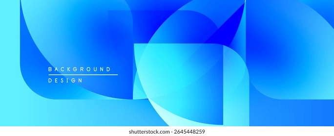 Abstract blue gradients form dynamic shapes. Overlapping circles, squares create modern visual effect. Smooth transitions, clean design.