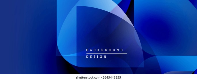 Abstract blue gradients form dynamic shapes. Text reads background design. Modern aesthetic, clean composition, vibrant colors.