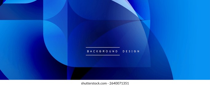 Abstract blue gradients overlap, creating dynamic shapes. Modern design features smooth transitions, vibrant hues, simple text.
