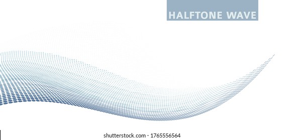Abstract blue gray dotted wave with halftone effect on white background. Vector graphics