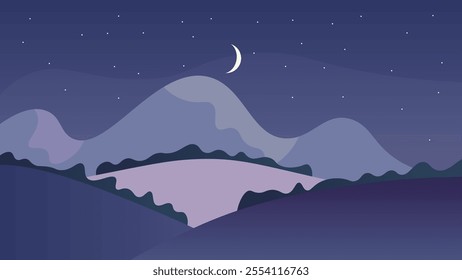 Abstract Blue Gray Landscape Background Banner Mountains Moon Night Sky Stars Vector Design