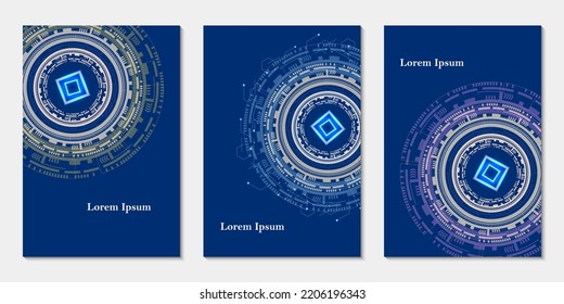 abstract blue gray technology circle, futuristic pattern set, geometric navy background, scientific concept