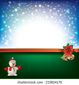 Abstract blue green background with Christmas bells and snowman