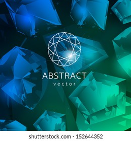 Abstract blue and green background with glowing gemstones, emeralds and amethysts.