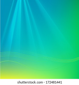 Abstract Blue Green Background with Rays and Waves, Vector Illustration