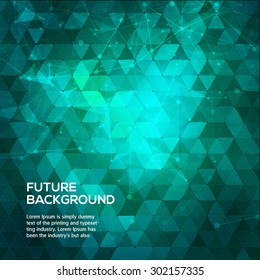 Abstract blue and green background with triangles. Abstract polygonal space low poly dark background with connecting dots and lines. Polygonal vector background. Futuristic HUD background. Vector