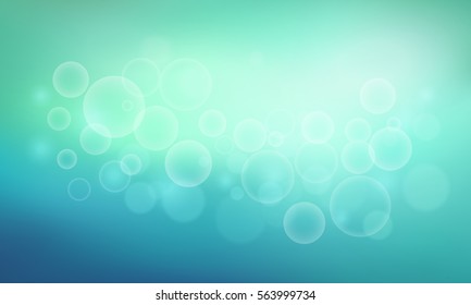 Abstract blue  and green background with water bubbles. Soft turquoise water backdrop. Vector illustration for your graphic design, banner, aqua poster.