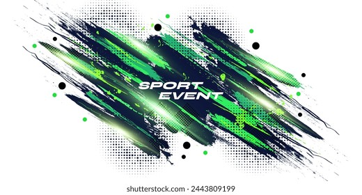 Abstract Blue and Green Brush Texture Background with Halftone and Glowing Light Effects. Sport Background with Grunge Style. Scratch and Texture Elements For Design