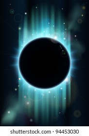 An abstract blue and green eclipse space background with copyspace in the center