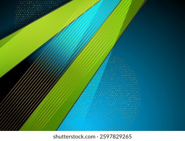 Abstract blue and green geometric background with golden lines and halftone dots. Vector corporate design