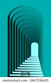 Abstract Blue and Green Geometric Pattern with Colonnade. Light and Shadow of Architectural Staircase. Tunnel in Perspective. Vector. 3D Illustration