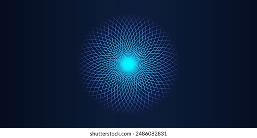 Abstract blue green glowing lines weaving in circle shape isolated on dark blue background. Vector illustration.