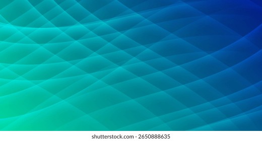 Fondo degradado de azul a verde Abstractas con líneas de malla curvadas, patrón de flujo suave y textura de onda digital moderna