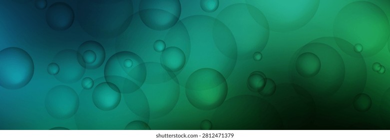 Abstract blue and green gradient background with floating bokeh spheres and soft transparent bubbles.