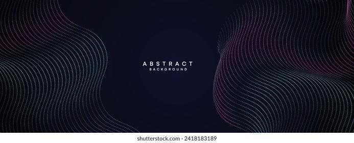 Abstract Blue, Green Gradient Flowing Dot Waving Particle geometric Technology Background. Digital Futuristic Purple, Pink Gradient Dotted Wave. Concept For Science, Music cover, website, header