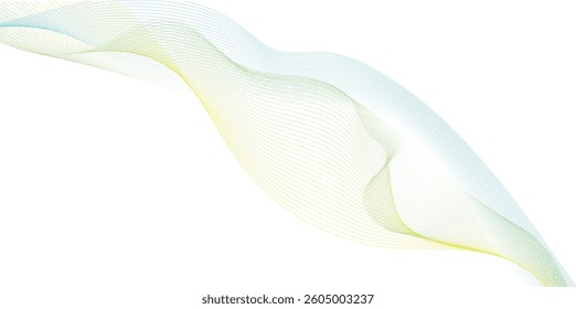 Abstract blue and green gradient wavy flowing line blend background. Transparent horizontal green wave on white. 
