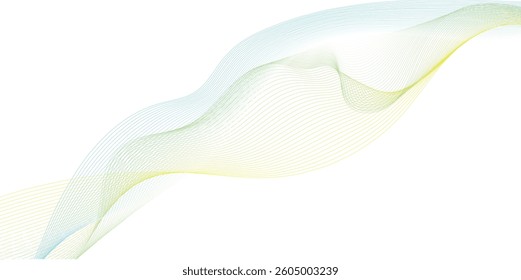 Abstract blue and green gradient wavy flowing line blend background. Transparent horizontal green wave on white. 
