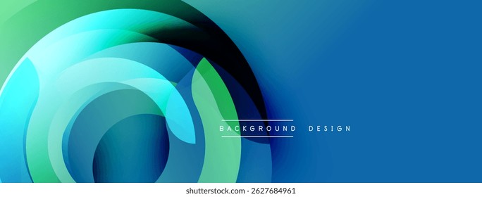 Camadas verdes azuis abstratas criam um design circular. Formas de gradiente modernas sugerem movimento, profundidade. Texto mínimo presente.