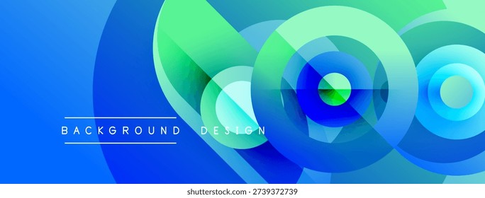 Abstract blue green layers create dynamic circular design. Text reads background design. Modern visual element.