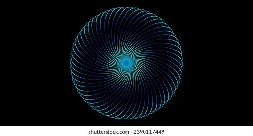 Abstract blue green light lines weaving pattern in circle shape isolated on black background. Vector illustration. Modern design template for technology, science, music flyer, digital banner

