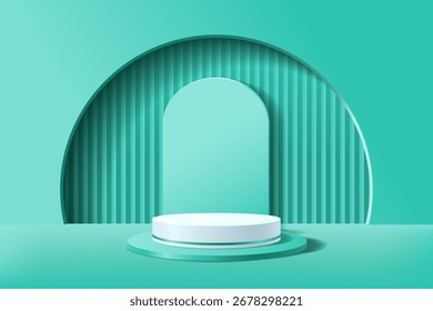 Abstractas fondo de menta verde azul con podio cilíndrico para mostrar productos, pedestal cilíndrico 3D con un telón de fondo curvo y una pared cavernosa, Ilustración vectorial