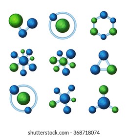 Abstract Blue and Green Molecules Icon Set on White Background. Vector