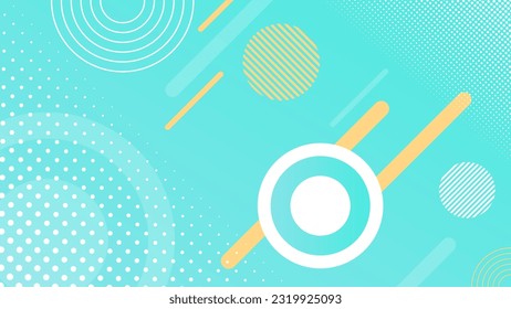 Abstract blue green turquoise cyan background with white and yellow elements. Geometric shapes in on-trend shades. Halftone. Circles, stripes, dots. Vector