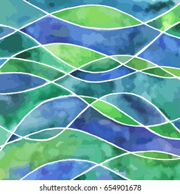 Abstract blue and green waves vector watercolor painting. Art texture background, square format.