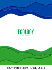 Abstract blue and green wavy pattern in cut paper style. Cut Out paper cut grass and sky. Creative vector template for for save the Earth posters, World Water Day, eco brochures