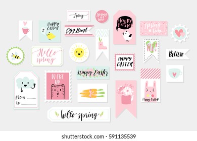 Abstract blue green yellow pink colored Easter and Spring printable tags, stickers and stamps collection. Hand drawn cute animals, signs and lettering sticker kit. Vector illustration.