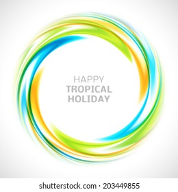 Abstract Blue, Green And Yellow Swirl Circle Bright Background. Vector Illustration For You Modern Design. Round Frame Or Banner With Place For Text. Happy Tropical Holiday.