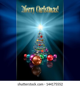 abstract blue greeting with Christmas tree and decorations