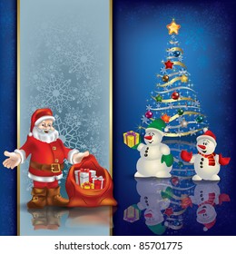 Abstract blue greeting with Christmas tree and Santa Claus