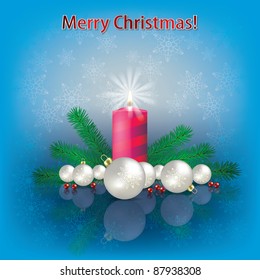 Abstract blue greeting with pearl Christmas decorations and candle