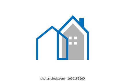 Abstract blue and grey house structure design with house outline and chimney surrounding home shape with windows. Vector is great for real estate, architecture or construction logo for branding.