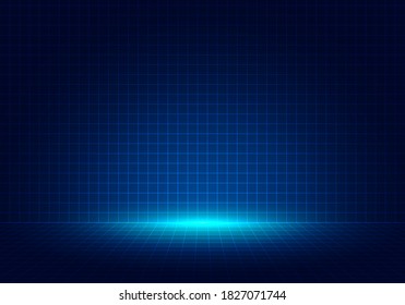 Abstract blue grid perspective design background with lighting. High technology lines landscape connect of future. Vector illustration