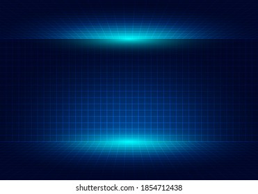 Resumen del fondo de diseño de la cuadrícula azul con iluminación. El panorama de las líneas de alta tecnología se conecta con el futuro. Ilustración del vector
