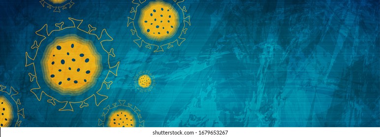 Abstract blue grunge background with COVID-19 coronavirus bacteria cells. Vector banner design