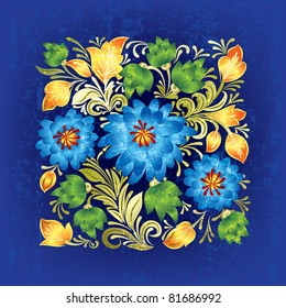 abstract blue grunge background with floral ornament