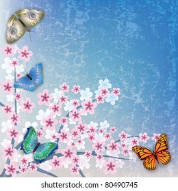 abstract blue grunge background with flowers and butterflies