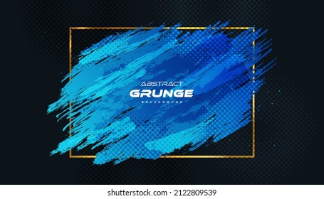 Abstract Blue Grunge Background with Gold Frame and Halftone Style. Brush Stroke Illustration for Banner, Poster, or Sports. Scratch and Texture Elements For Design