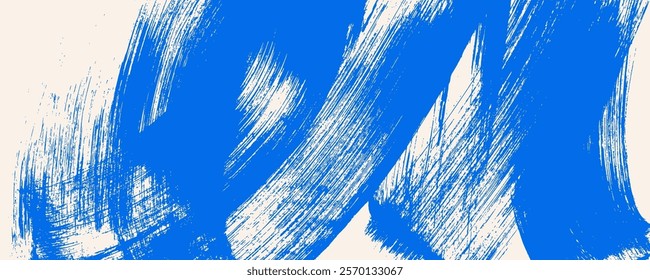 Abstract blue grunge brush stroke background. Dirty texture banner with splashes, strokes, curved smears and bold lines. Grainy blue bold brush stroke with spray texture. Vector grunge background.