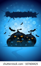 Abstract blue Grunge Halloween Party Template with Pumpkins Grass and Bats