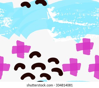 Abstract blue grunge and purple crosses.Hand drawn with paint brush seamless background.Modern hipster style design.