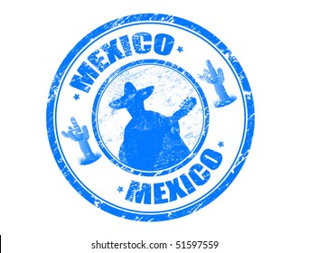 Abstract blue grunge rubber stamp with Mexican mariachi playing with guitar, small saguaros and the name Mexico written inside 