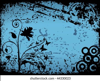 abstract blue grungy texture background with black floral pattern