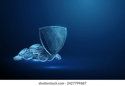 Abstract blue guard shield with pile of coins. Deposit insurance, financial security concept. Low poly digital style. Geometric background. Wireframe connection structure. Modern 3d graphic. Vector