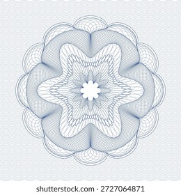 Abstract blue guilloche rosette security pattern with intricate curved line engraving and wavy line background. Elegant symmetrical design inspired by banknote, certificate, diploma, voucher, and official document security elements. Ideal for premium backgrounds, frames, and anti-counterfeit design concepts.
